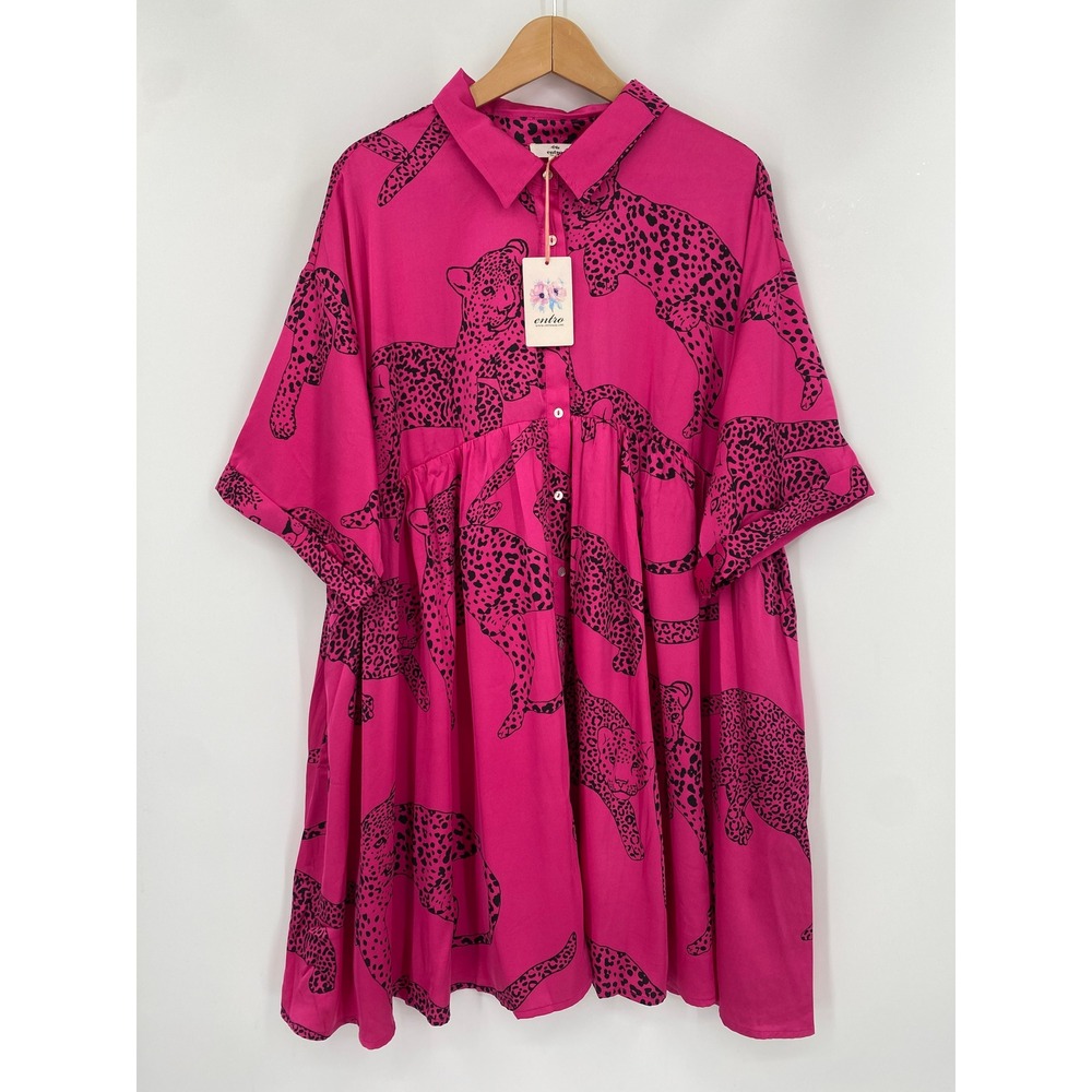 Entro Leopard Print Babydoll Dress Women 1X Pink Black Animal Print